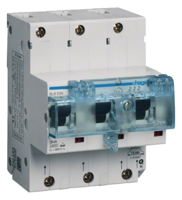 HAGER HTN350E SLS switch 3-pole E-characteristic 50A for top hat rail mounting