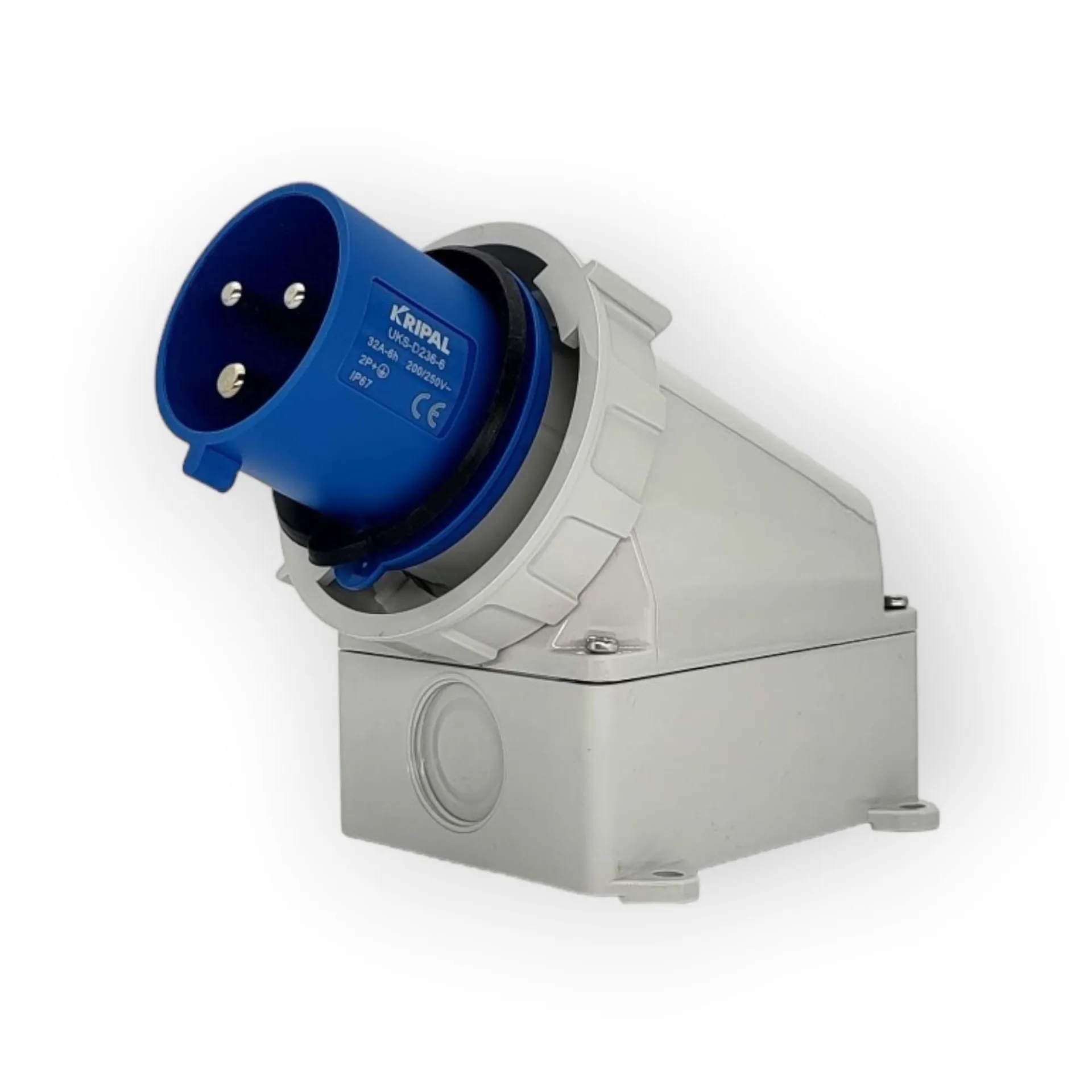 Graue Steckdose mit blauem Stecker, IP67, 32A, 200-250V, UK5-023-B, Krippal.